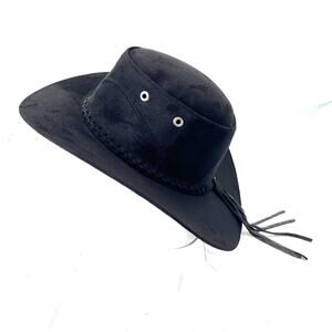 Vintage Black Suede Leather Braided & Back Tassel Cowboy Hat Size 4 1/2